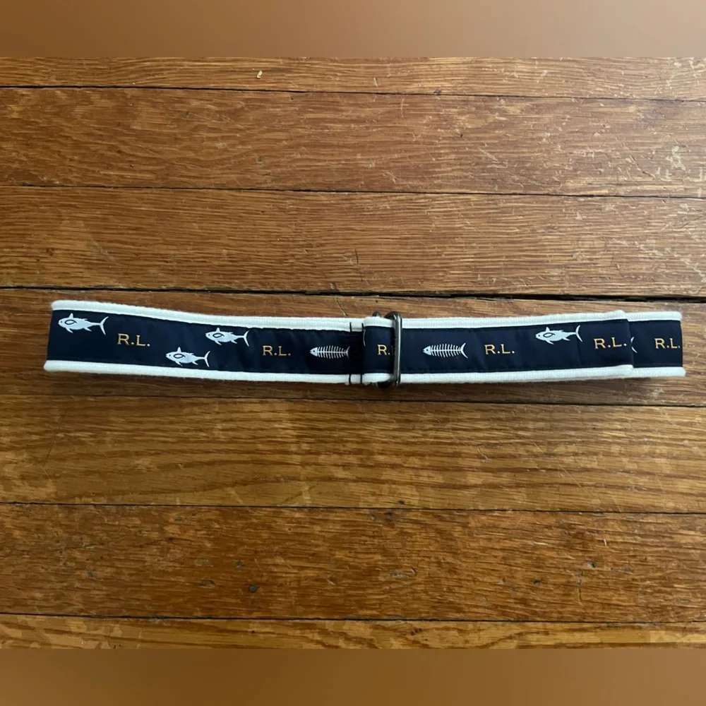 Polo by Ralph Lauren Navy and White Fish Motif Webbing Belt